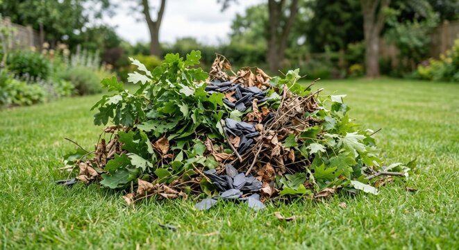 Pile of organic garden waste including green oak leaves and dried foliage with slate pieces on a lush green grass lawn in a backyard garden during landscaping and maintenance work.