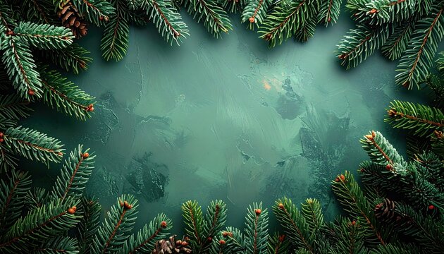 Green pine branch border with blank center, minimal Christmas background