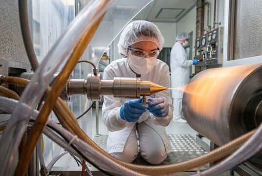 Female technician operating industrial precision thermal spray coating machinery inside sterile cleanroom laboratory, advanced material manufacturing, protective cleanroom suit and safety goggles shielding against aerosol exposure, fine atomized jet impinging onto high speed rotating metallic cylinder, synthesis of functional nanomaterials and pharmaceutical drug delivery surfaces, second operator monitoring pressure valves and process control gauges in the background, spotless stainless steel apparatus with transparent protective enclosure and pneumatic feed lines, concentration and focused expertise during pilot scale production run, delicate convergence of human meticulousness and automated mechanical precision serving as a metaphor for microscopic quality assurance in modern biotechnology and aerospace engineering, seamless integration of chemical synthesis, sterile processing standards, industrial research, innovation workflows, rigorous safety protocols, cleanroom hygiene, cutting edge fabrication methods, AI-generated, AI generated