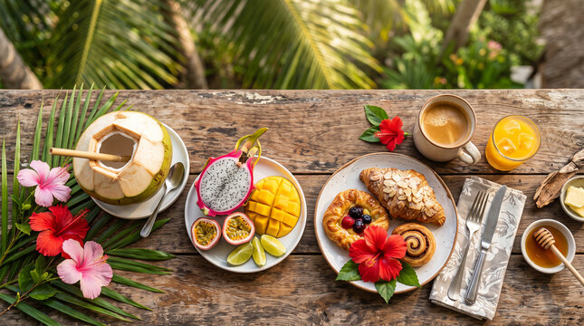 Tropical breakfast flat lay with fresh fruits and pastries on wooden table