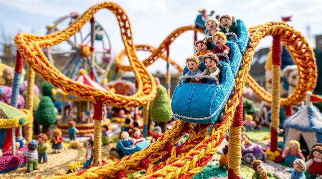 Felt miniature amusement park with roller coaster and ferris wheel