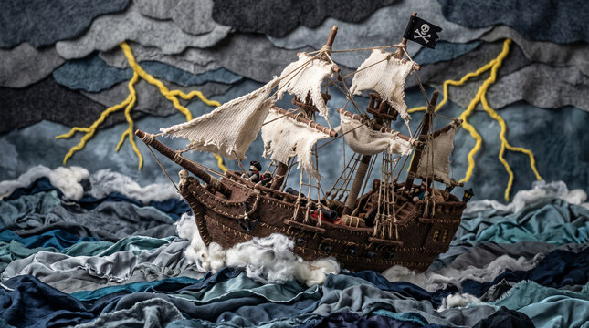 Handmade felt pirate ship sailing in stormy fabric sea with lightning