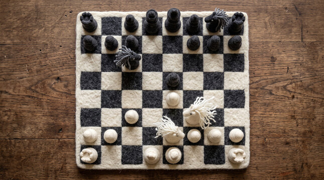 Handmade felt chess set on wooden table top view
