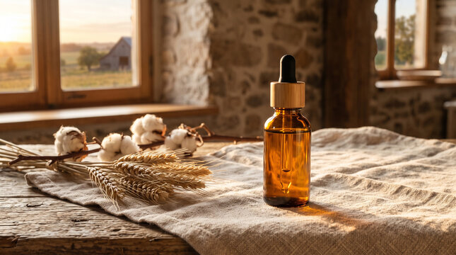 Amber dropper bottle with cotton and wheat on rustic wooden table near window