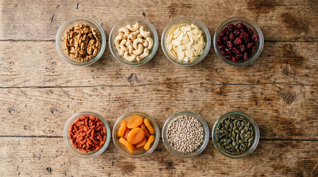 Assorted nuts seeds and dried fruits in glass bowls on rustic wooden table top view