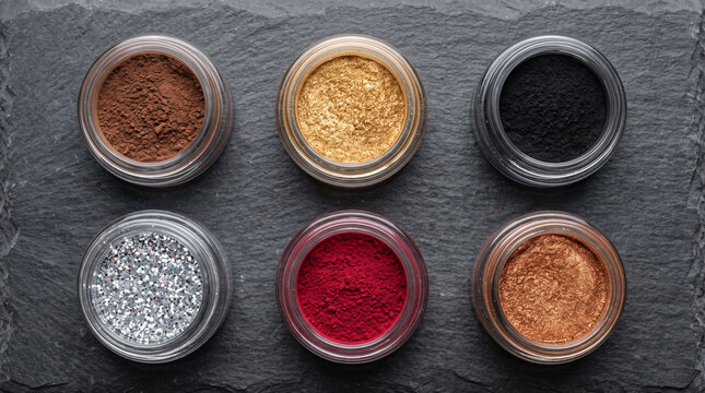 Assorted cosmetic powders and glitters in glass jars on dark slate top view