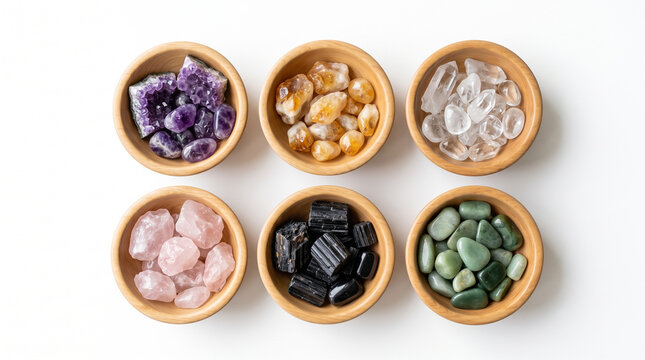 Assorted healing crystals and gemstones in wooden bowls on white background top view