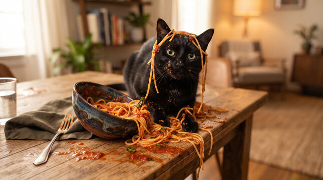 Black cat covered in spaghetti and tomato sauce on wooden dining table