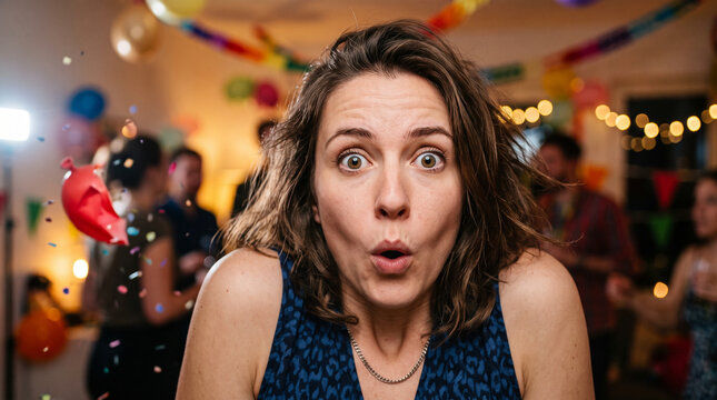 Surprised woman with wide eyes and open mouth at party celebration