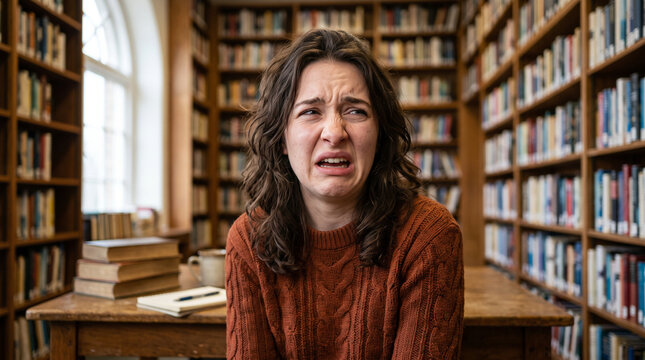 Stressed young woman crying at desk in library surrounded by books