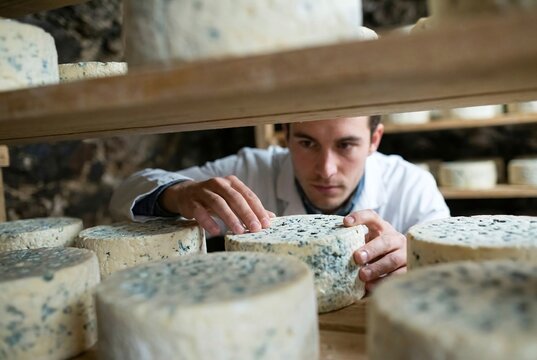 Authentic blue cheese cellar inspection, artisanal dairy ripening, penicillium roqueforti fermentation, cheesemaker craftsmanship, careful sensory quality control on rustic wooden maturation shelves, young focused food scientist examining biological mold rind textures in natural subterranean humidity, timeless gastronomic preservation contrasting fast paced industrial dairy processing as a metaphor for patience in heritage culinary traditions, tactile evaluation of curds and bacteria cultures, handcrafted aged wheels undergoing controlled biochemical transformation, cave affinage heritage, artisanal food manufacturing expertise, sensory inspection of dairy microbiology, underground microclimate fostering culinary delicacy refinement, AI-generated, AI generated