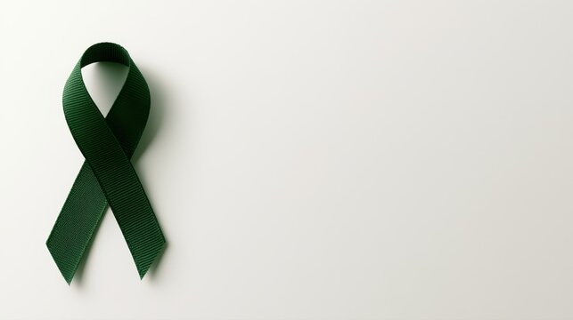 Dark green awareness ribbon symbolizing support, solidarity, and remembrance on a clean light background with copy space for meaningful causes or campaigns