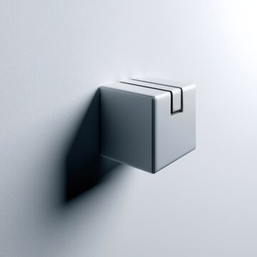 Minimalist modern white wall switch with sleek design casting a sharp shadow on textured light gray surface with soft gradient background lighting