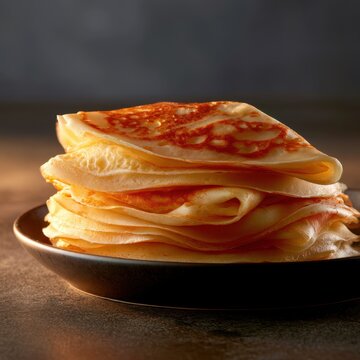 Stack of golden thin pancakes folded in quarters on a dark plate showcasing warm texture and inviting breakfast appeal on rustic surface