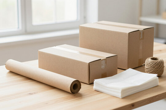 Small business packing table with plain boxes and brown paper