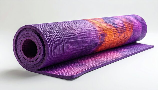 commercial rolled yoga mat on white background, ecommerce style