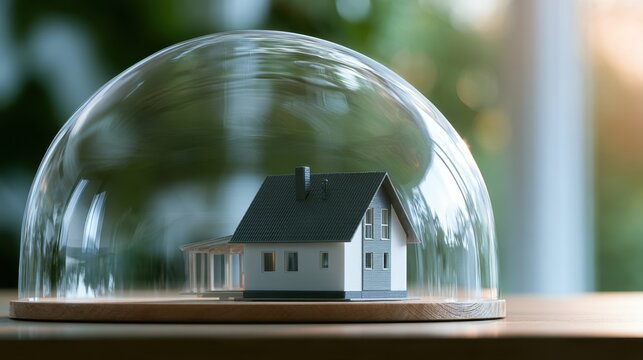 Miniature house model protected under a transparent glass dome symbolizing home safety, preservation, and secure living environment concepts with natural backgr
