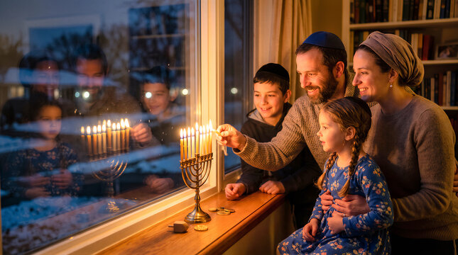 Happy mother father and kids gather by window sill to light golden menorah during Hanukkah evening holiday celebration. Chanukah Jewish concept with copy space.