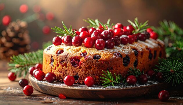 Holiday fruitcake with cranberries and pine branches, warm natural lighting