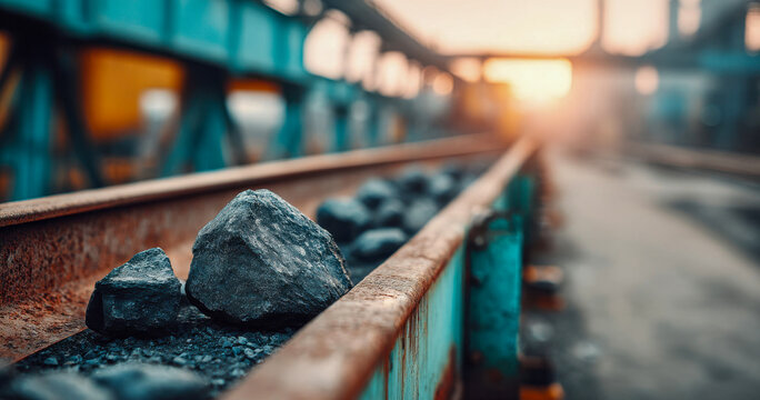 Coal rests in rail hopper inside industrial facility, with large black lumps prominent in foreground. Metal wagon carries rough fuel beneath warm overhead lights and teal machinery.