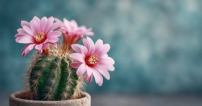 Blooming cactus displays large pink flowers among sharp radial spines. Potted succulent stands against blurred teal backdrop, its bright petals and textured body in clear focus, surrounded by areoles.