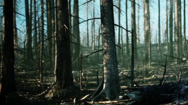 In a forest area, many trees are burned and dead. The ground has fallen branches and debris from a recent wildfire. The sky shows a clear view in the background.