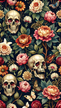 Seamless pattern featuring human skulls surrounded by colorful blooming flowers and butterflies on a dark background, for textiles isolated on a transparent background