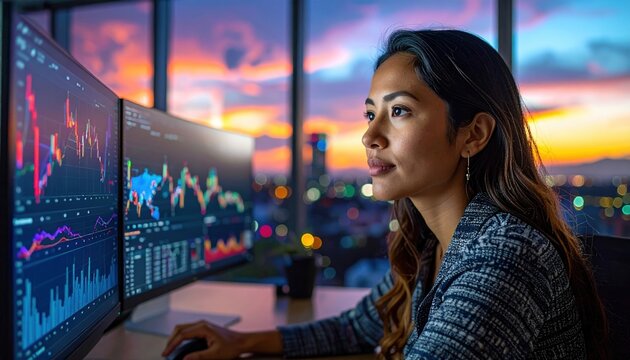 Employee using dual monitors with analytics dashboard, modern office, productivity concept
