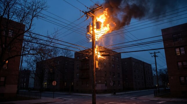 Utility pole on fire in an urban neighborhood at dusk. Representing power outages, infrastructure failure, electrical hazards, and emergency situations in residential areas.