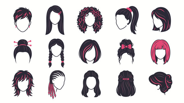 Female hairstyle set shows hair cuts. Curly straight braided styles have pink highlights. Modern wig icons display faceless heads. Clean vector art on white background. Beauty hair salon concept.