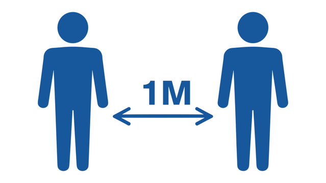Blue icon showing two human silhouettes with a doubleheaded arrow and the text 1M representing social distancing rules for public health safety