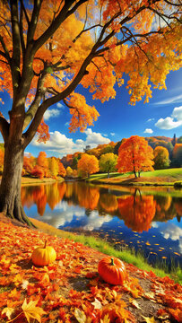 Two orange pumpkins resting on a ground covered with fallen autumn leaves near a calm lake reflecting vibrant fall trees under blue sky isolated on a transparent background