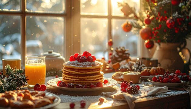 Christmas breakfast table with pancakes and berries, morning light, festive home