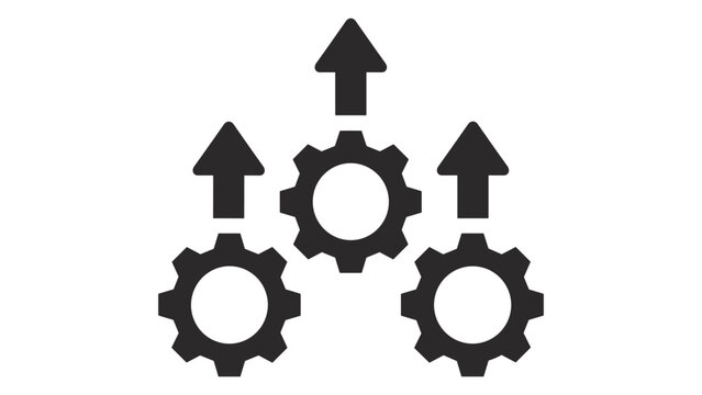 Isolated black vector icon depicting three industrial gear wheels with arrows pointing upwards representing growth progress optimization productivity and business development success