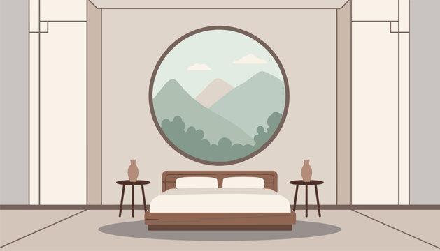Modern bedroom features a large circular window with mountain landscape views and minimalist bedside tables.