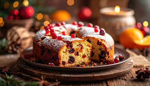 Fresh Christmas fruitcake on ceramic plate, warm kitchen light, holiday dessert concept