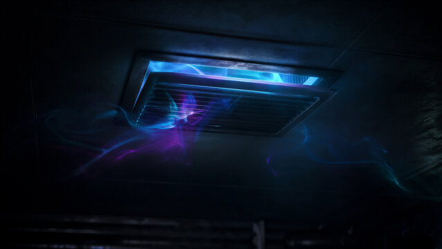 Air vent mounted on a dark ceiling releases glowing streams of colorful light into the room.