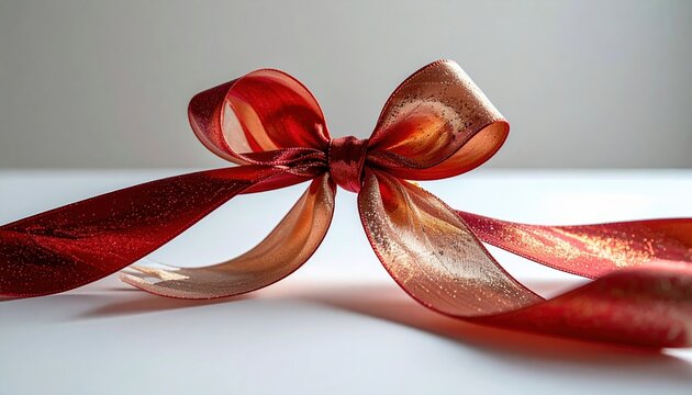 Christmas ribbon forming a simple bow on white table, studio lighting, festive packaging