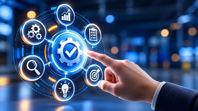 Hand touching glowing blue gear and checkmark hologram. Concept of workflow orchestration, quality assurance and process optimization.