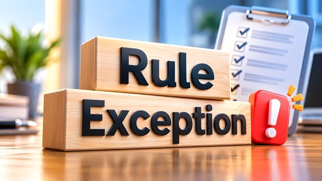 Wooden blocks spelling rule and exception next to a red alert icon and checklist. Concept of regulatory compliance, governance, and risk mitigation.