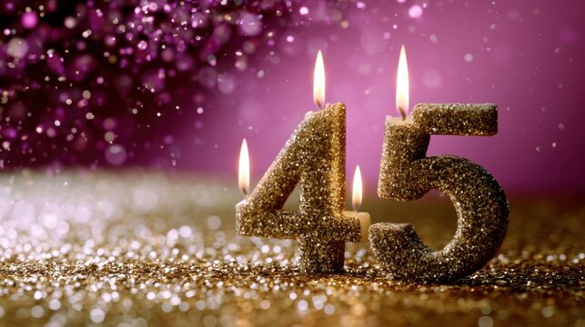 Glittering gold number candles with flames celebrating 45th milestone surrounded by shimmering golden sparkles on vibrant purple background