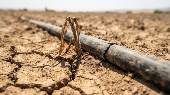 Cracked parched soil with wilted crop stem and dry irrigation pipe half buried in dust under harsh sunlight on drought stricken farmland