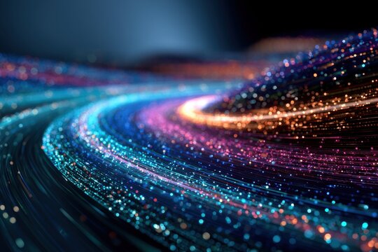 Vibrant stream of multicolored glowing particles flowing in dynamic curved patterns on dark backdrop, representing futuristic data or abstract energy waves in m