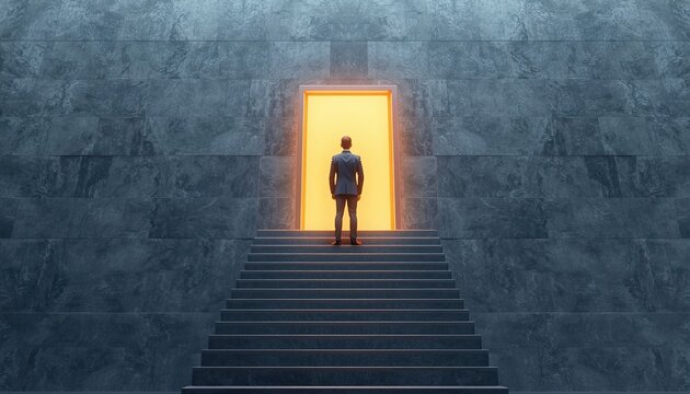 Man standing at the top of a staircase gazing toward an unreachable glowing door, symbolizing elusive career goals, professional ambition, and future vision, 3D render.