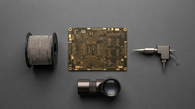 Semiconductor substrate assembly tools including organic panel, solder ball reel, underfill dispenser, and inspection loupe on a matte gray surface.