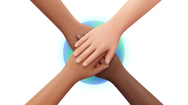 Diverse hands stacked together representing unity and global cooperation