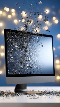 Modern desktop monitor with shattered screen sending glass fragments flying against a backdrop of blurred warm glowing lights creating dramatic contrast and dyn