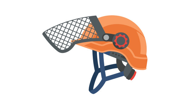 Side view vector graphic illustration of an orange industrial construction safety helmet with mesh visor.