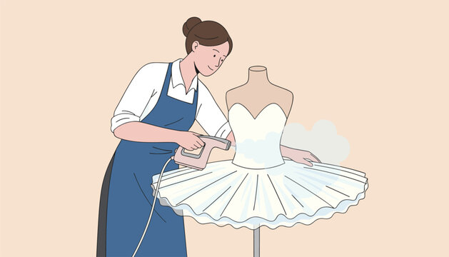 Dressmaker in blue apron steaming a white dress on a mannequin in a sewing studio illustration.