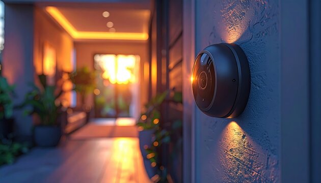 Security sensor mounted beside a front door, soft indoor light, smart home concept